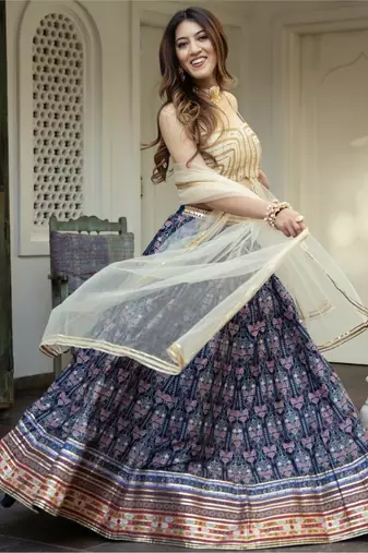 navy blue digital printed art silk lehenga set choli with dupatta
