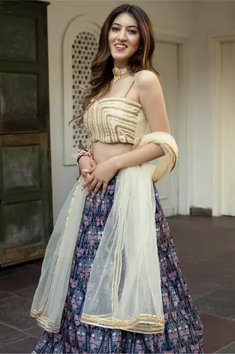 navy blue digital printed art silk lehenga set choli with dupatta