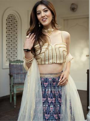 navy blue digital printed art silk lehenga set choli with dupatta 5