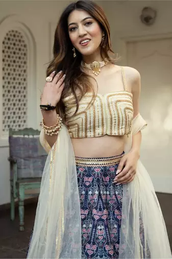 navy blue digital printed art silk lehenga set choli with dupatta