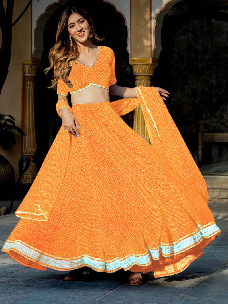 Pretty Yellow Laheriya Print Georgette Wedding Lehenga Choli