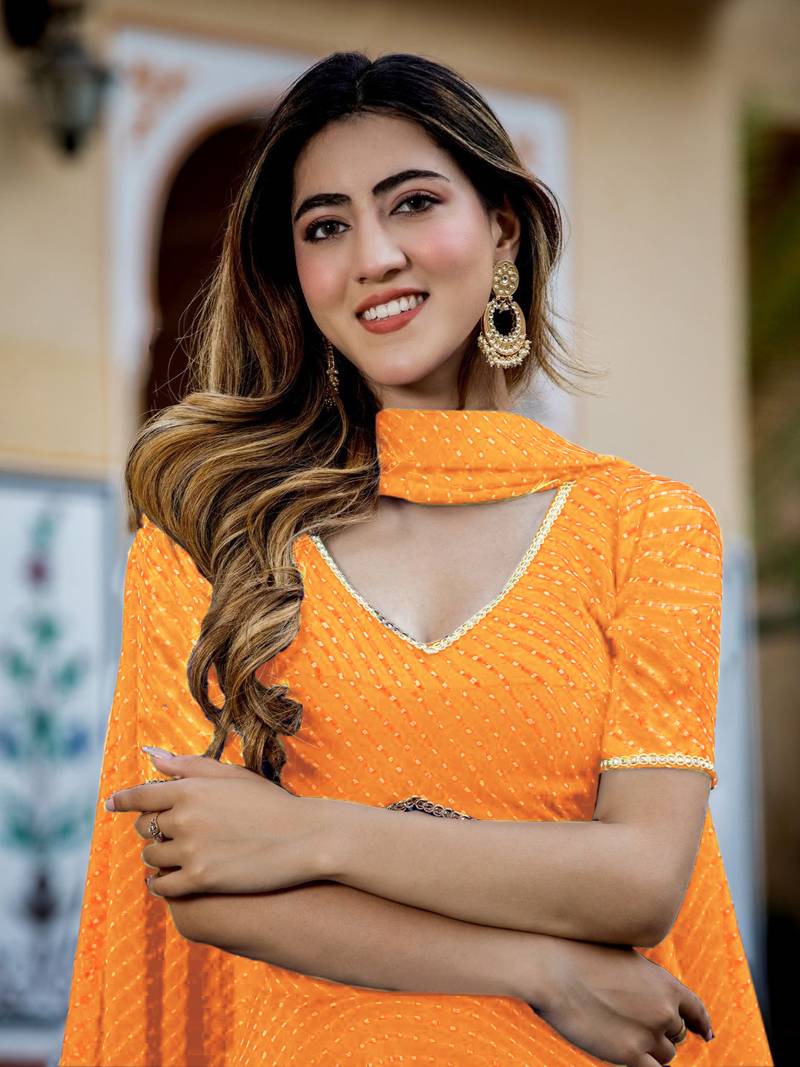 Pretty Yellow Laheriya Print Georgette Wedding Lehenga Choli