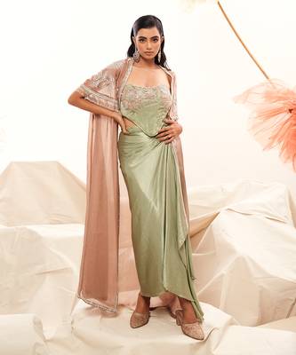 Pink imported organza embroidery draped skirt set 1