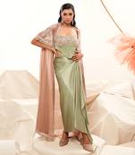 Pink imported organza embroidery draped skirt set