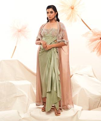 Pink imported organza embroidery draped skirt set 2