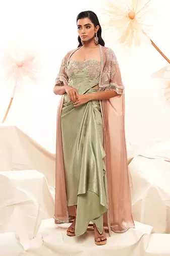 Pink imported organza embroidery draped skirt set