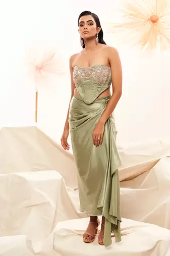 Pink imported organza embroidery draped skirt set