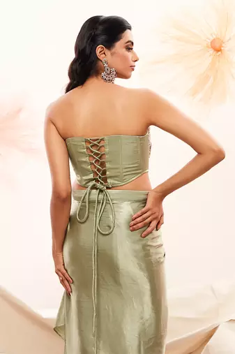 Pink imported organza embroidery draped skirt set