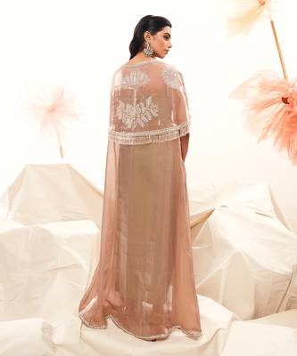 Pink imported organza embroidery draped skirt set 5