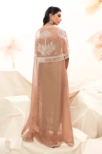 Pink imported organza embroidery draped skirt set