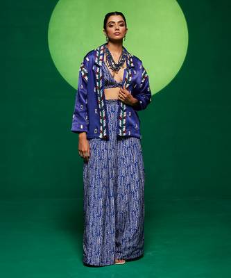 Blue gajji silk embellished blazer set 1