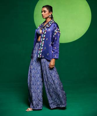 Blue gajji silk embellished blazer set 2