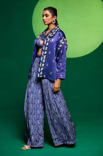 Blue gajji silk embellished blazer set