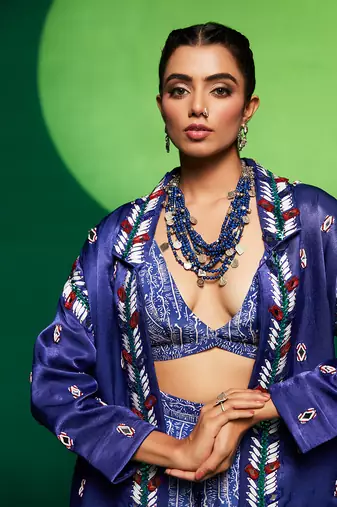 Blue gajji silk embellished blazer set