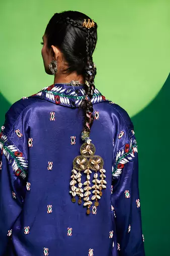Blue gajji silk embellished blazer set