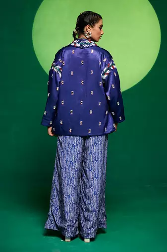 Blue gajji silk embellished blazer set