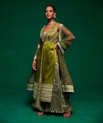 Green printed abstract jumpsuit set 2