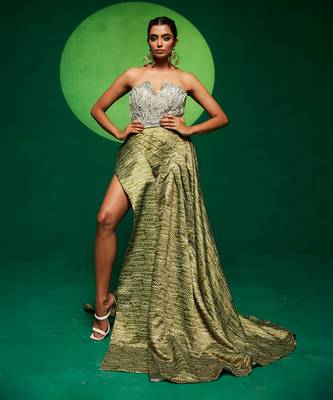 Green satin printed gown with embroidered belt 1