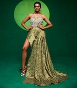 Green satin printed gown with embroidered belt
