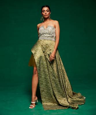 Green satin printed gown with embroidered belt 2