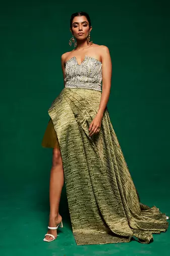 Green satin printed gown with embroidered belt