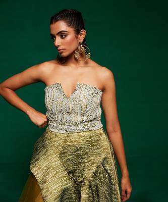 Green satin printed gown with embroidered belt 3