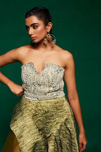 Green satin printed gown with embroidered belt