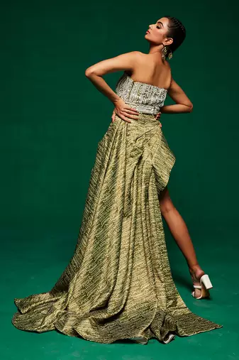 Green satin printed gown with embroidered belt