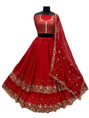  Women's Red Premium Faux Georgette Embroidered With Sequence Work Designer Wedding Wear Lehenga Choli 1