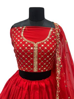  Women's Red Premium Faux Georgette Embroidered With Sequence Work Designer Wedding Wear Lehenga Choli 2