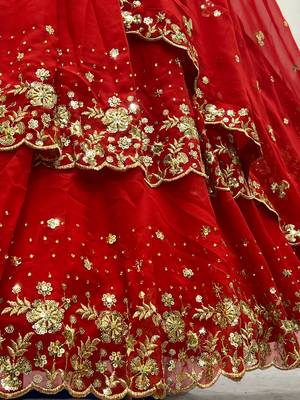  Women's Red Premium Faux Georgette Embroidered With Sequence Work Designer Wedding Wear Lehenga Choli 3
