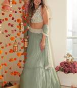 Women's Pista Green Color Crush Pleted Work Party Wear Trendy Georgette Lehenga Choli Set