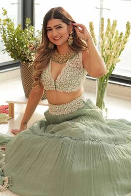 Women's Pista Green Color Crush Pleted Work Party Wear Trendy Georgette Lehenga Choli Set 2