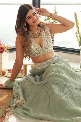 Women's Pista Green Color Crush Pleted Work Party Wear Trendy Georgette Lehenga Choli Set 3