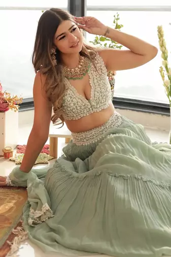 Women's Pista Green Color Crush Pleted Work Party Wear Trendy Georgette Lehenga Choli Set