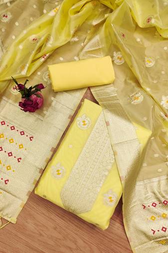 Women Yellow Organza Woven Design Unstitched Dress Material