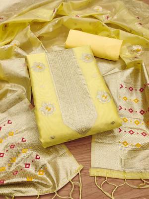  Yellow Organza Woven Design Dress Material 2