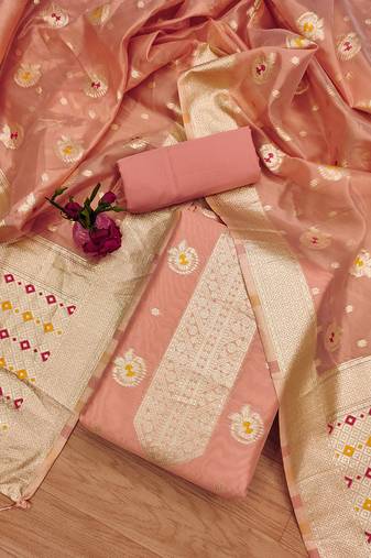 Women Peach Organza Woven Design Unstitched Dress Material