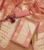 Women Peach Organza Woven Design Unstitched Dress Material