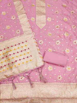 Women Pink Organza Woven Design Unstitched Dress Material 3