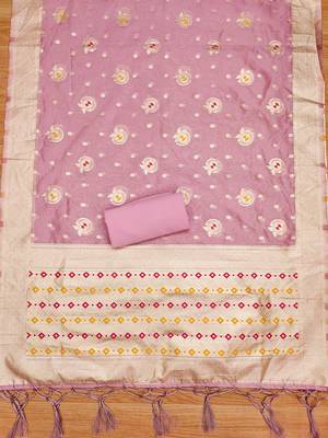 Women Pink Organza Woven Design Unstitched Dress Material 4