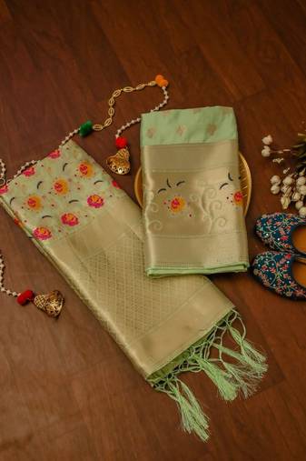 Pista Soft Banarasi silk zari woven design dress material