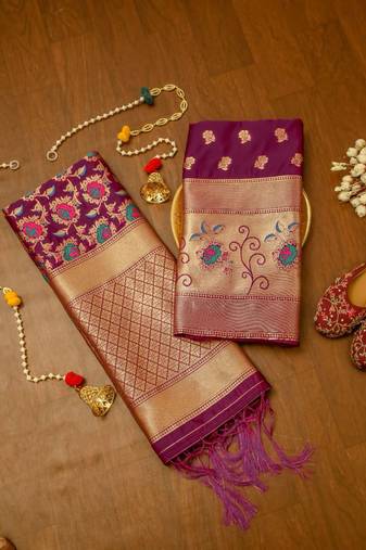 Purple Soft Banarasi silk zari woven design dress material