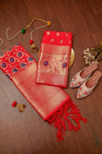 Red Soft Banarasi silk zari woven design dress material