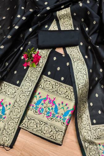 Black Soft Banarasi silk zari woven design dress material
