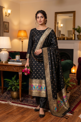 Black Soft Banarasi silk zari woven design dress material