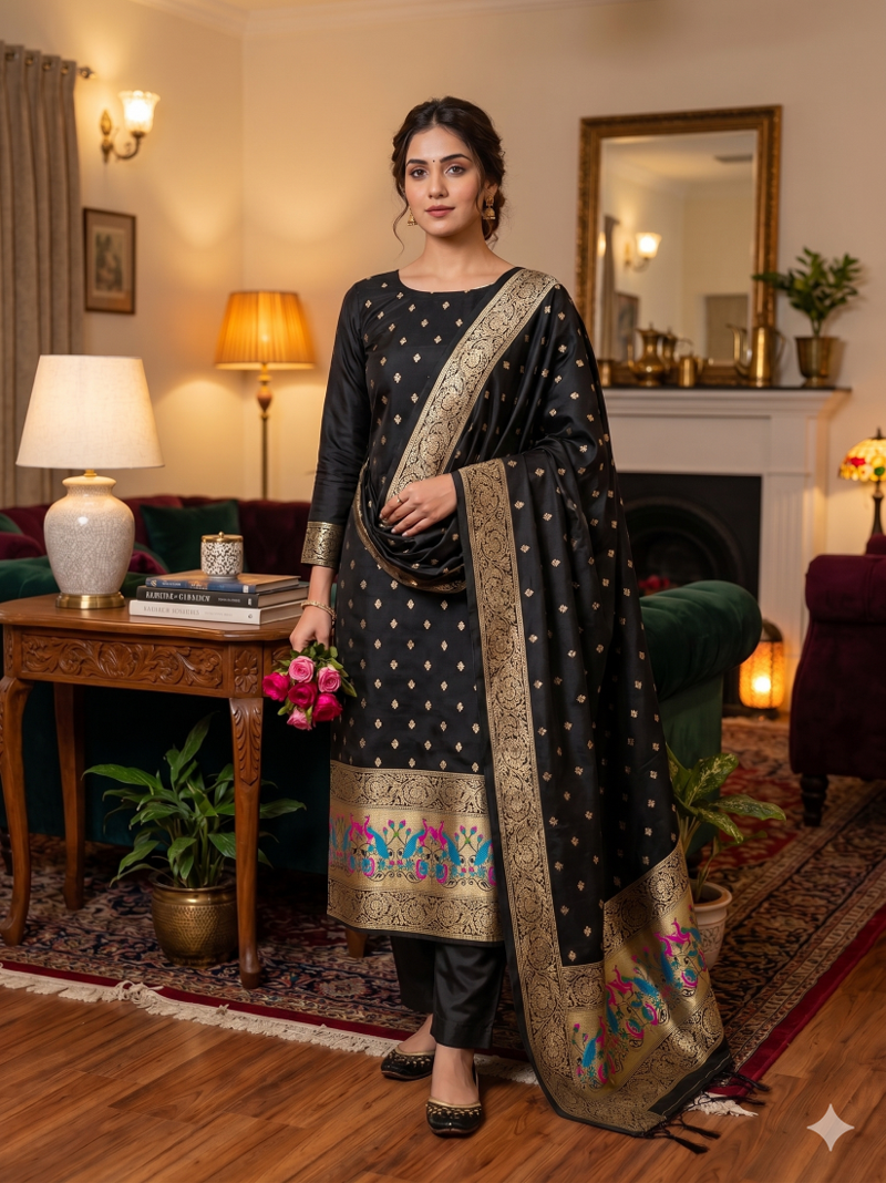 Black Soft Banarasi silk zari woven design dress material