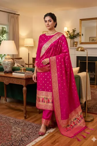 Magenta Soft Banarasi silk zari woven design dress material