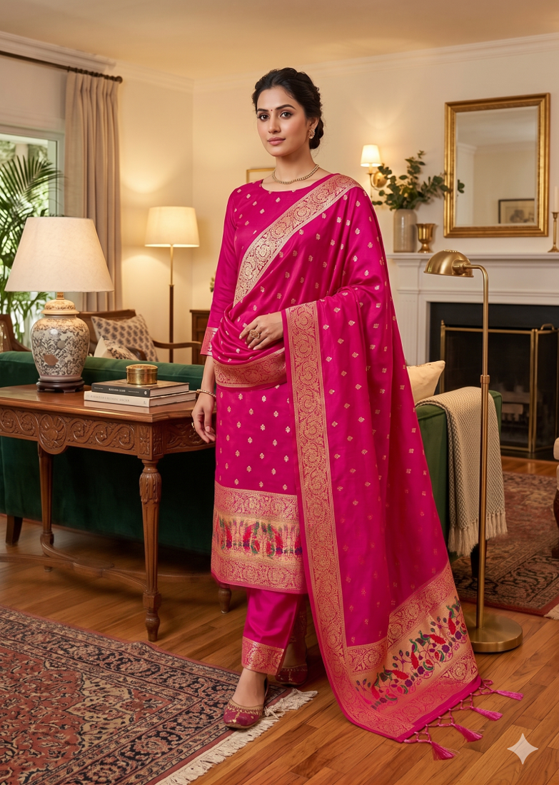 Magenta Soft Banarasi silk zari woven design dress material