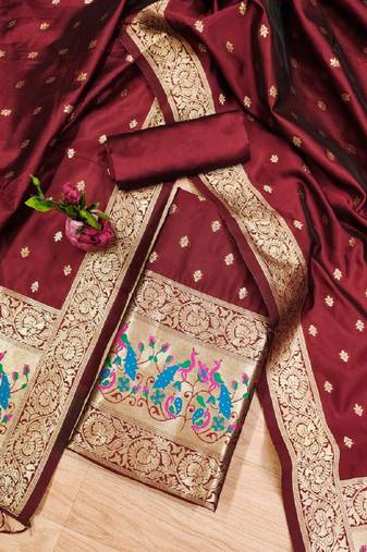 Maroon Soft Banarasi silk zari woven design dress material